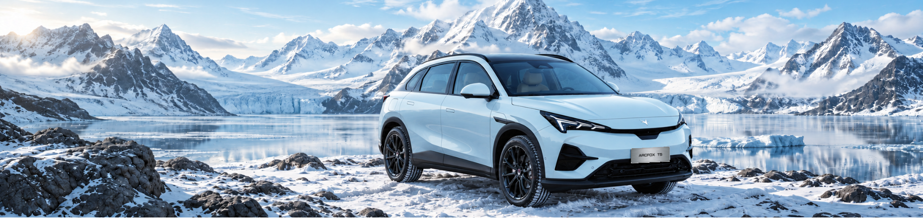 ARCFOX T5 among snowy Arctic mountains